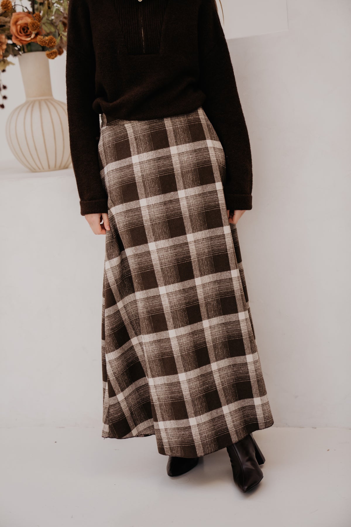 Aaltje long check skirt brown