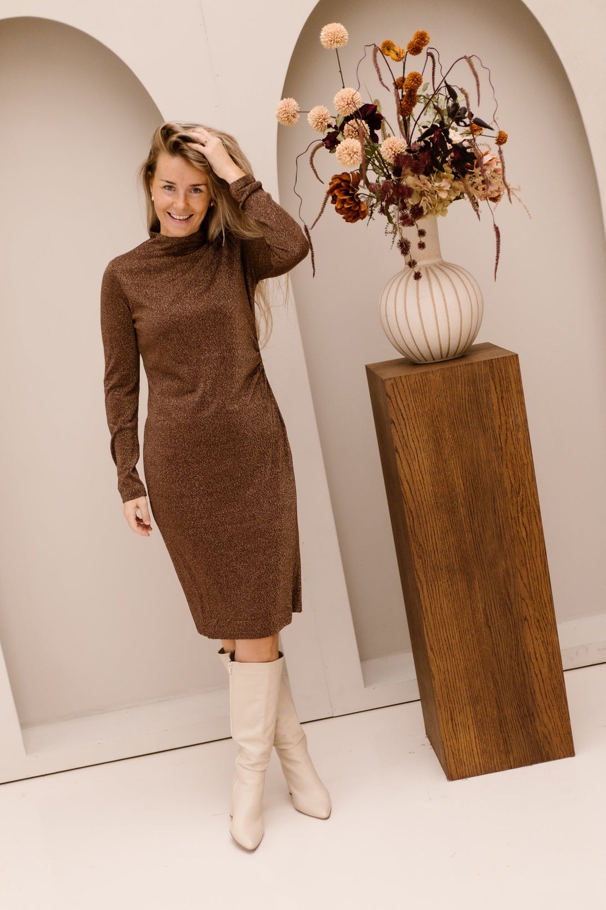 Dress Gathering Lurex Stretch Coffee 28701 - Bij Keesje - Esqualo - Jurk