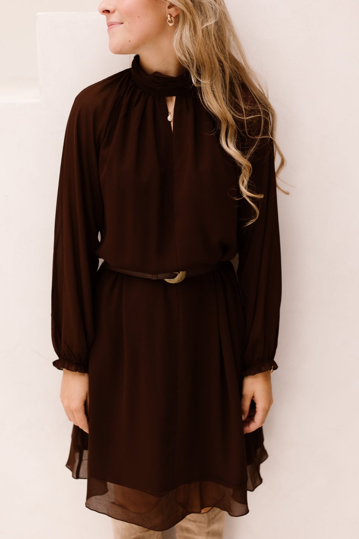 Dress mock neck chiffon - Cacao - 15503 - Bij Keesje - Esqualo - jurk