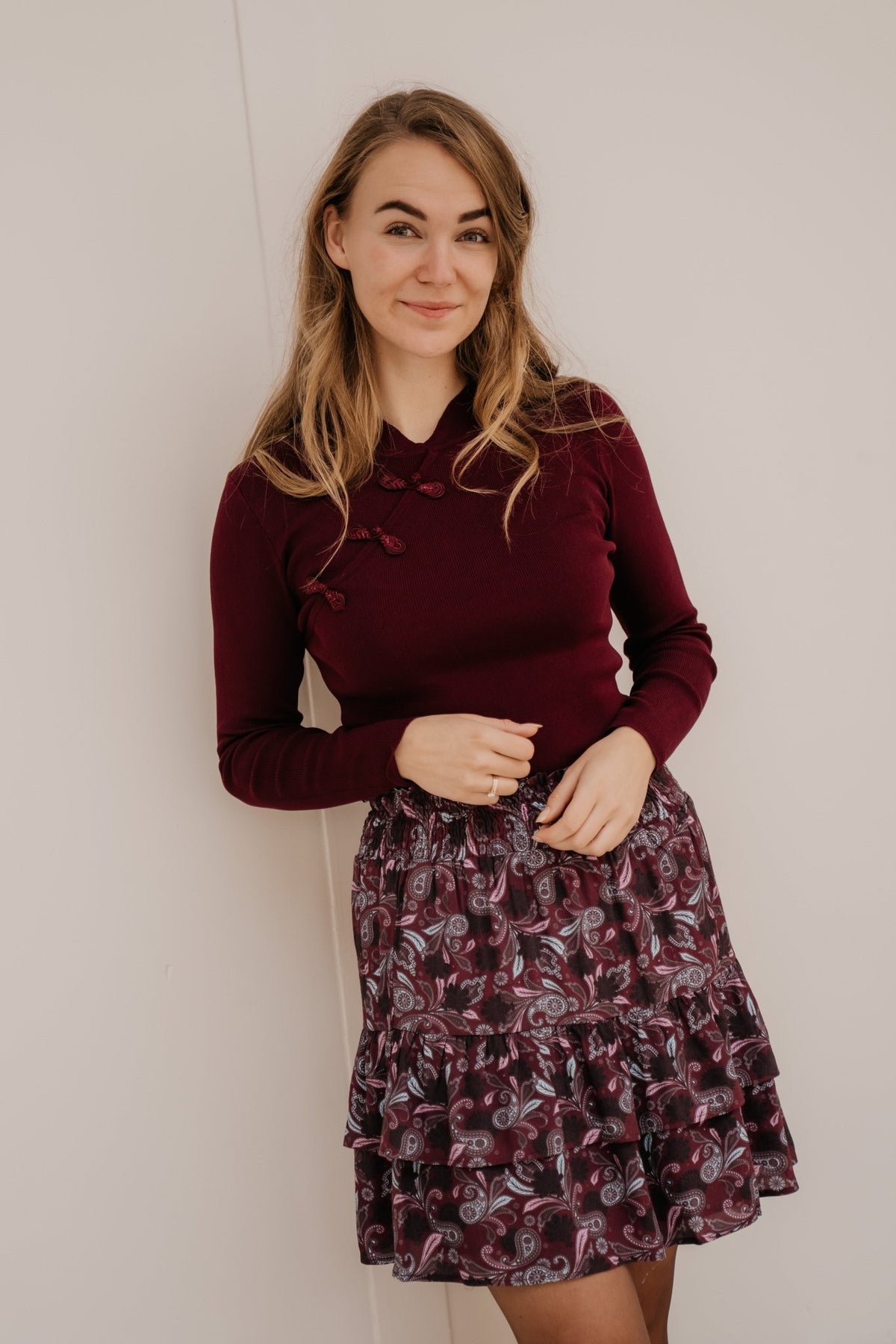 Emmie knot button top wine - Bij Keesje - Bij Keesje - Top