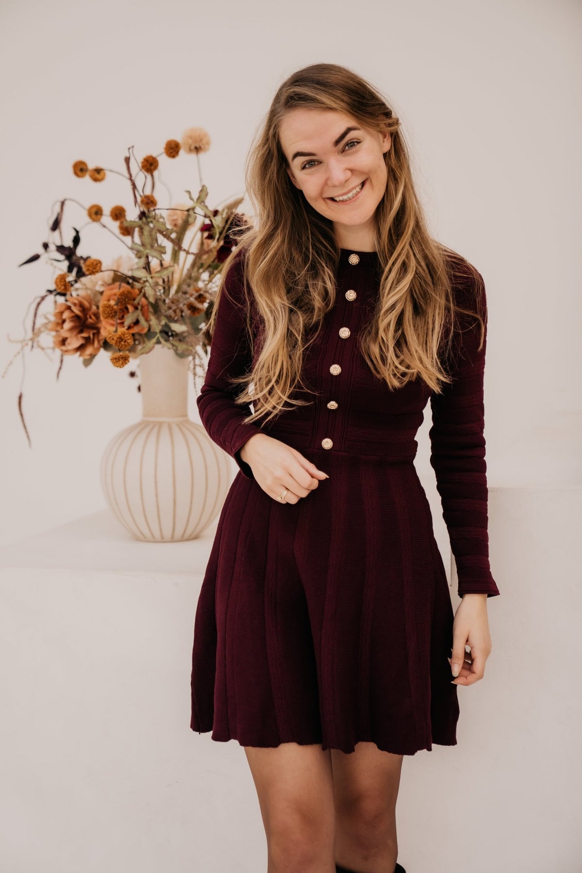 Evana button knit dress burgundy - Bij Keesje - Bij Keesje - Jurk