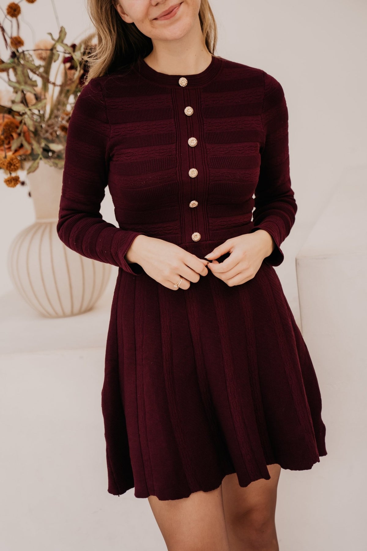 Evana button knit dress burgundy - Bij Keesje - Bij Keesje - Jurk
