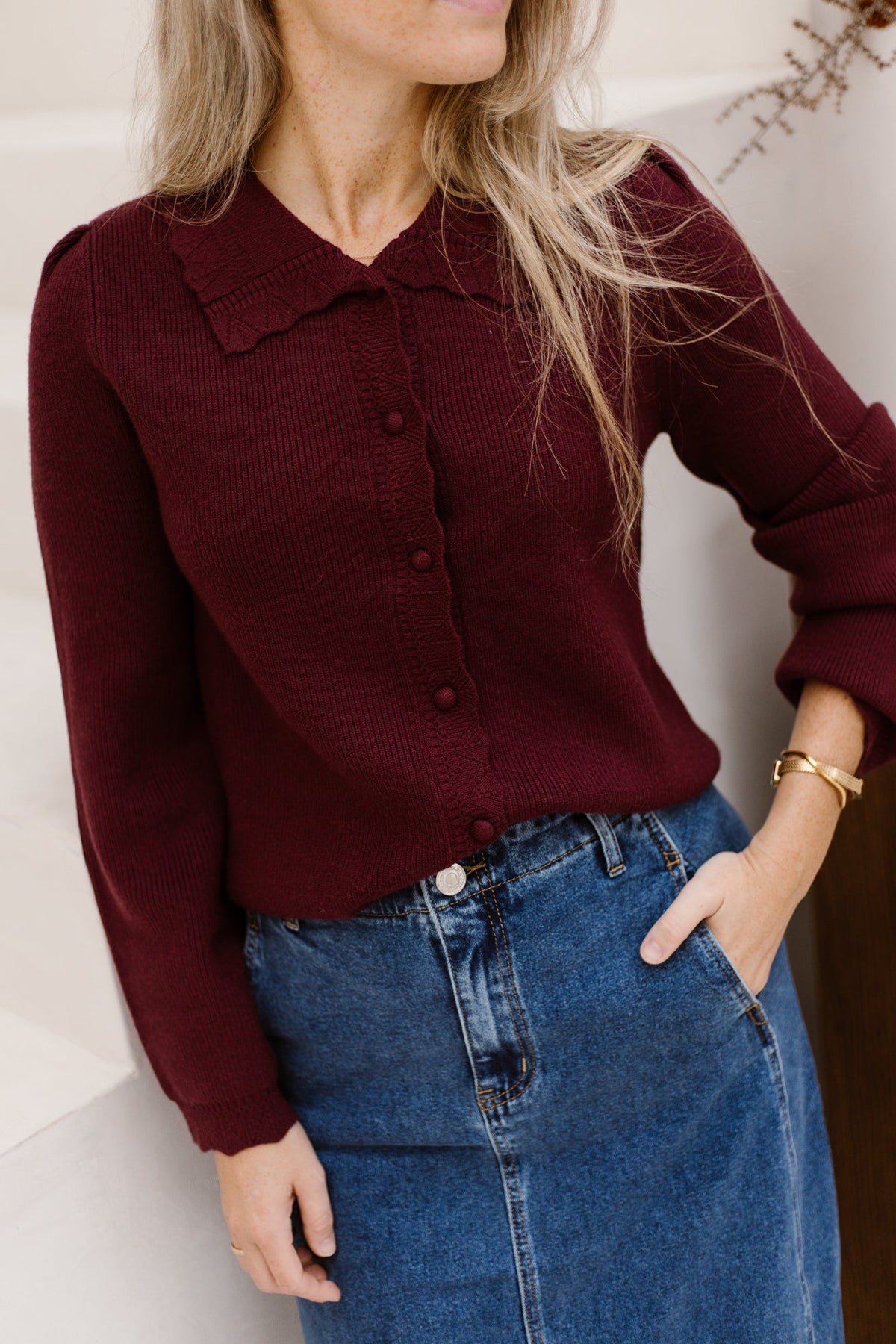 Objparya thess knit cardigan windsor wine - Bij Keesje - Object - Trui