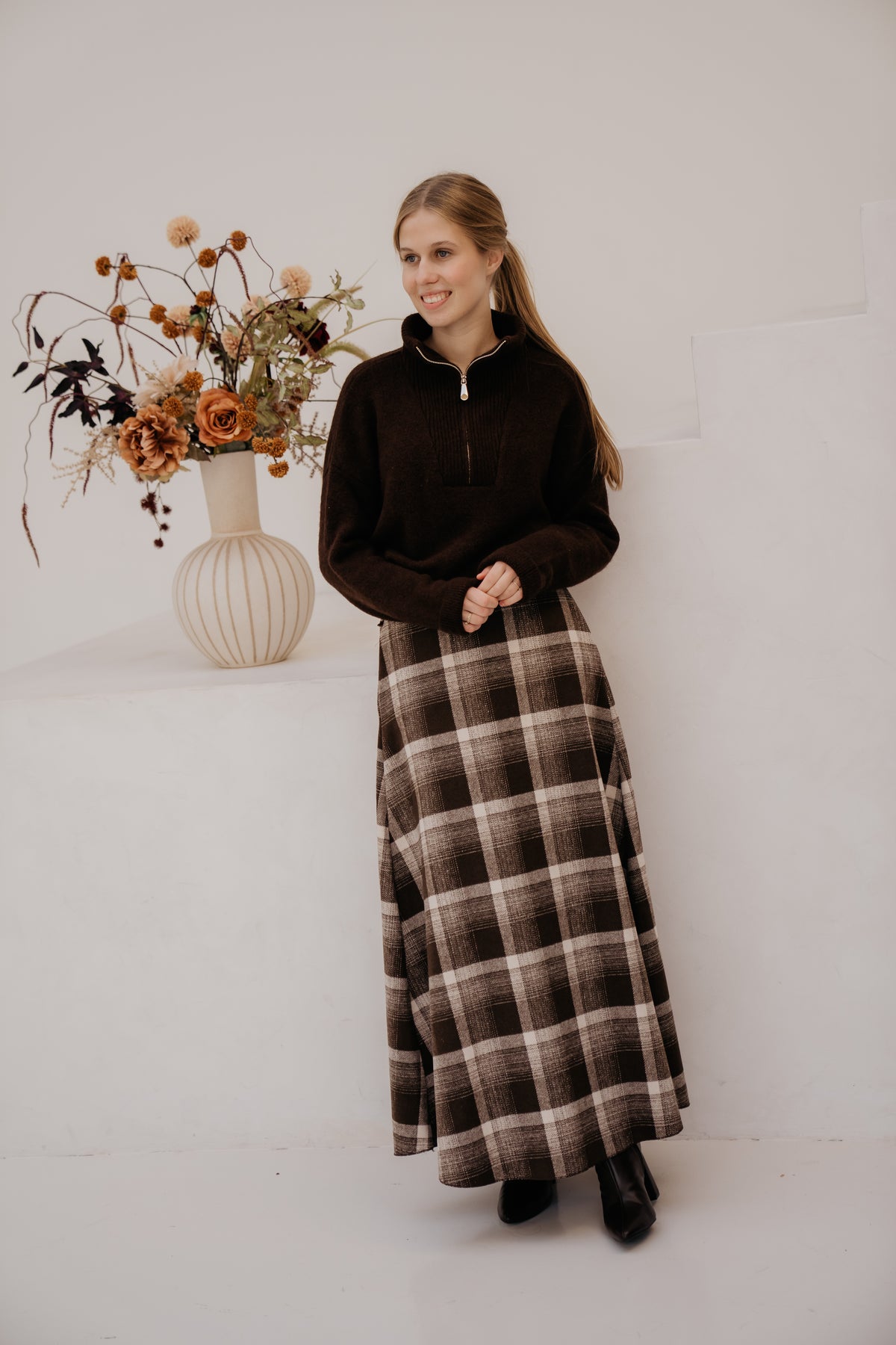 Aaltje long check skirt brown