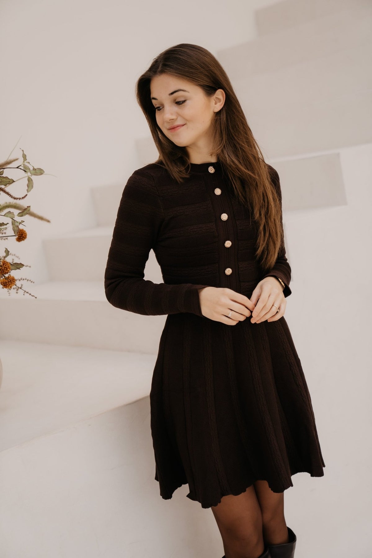 Evana button knit dress coffee - Bij Keesje - Bij Keesje - Jurk