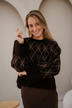 Kick Check Knit Blouse Dark Brown - Bij Keesje - Neo Noir - Trui