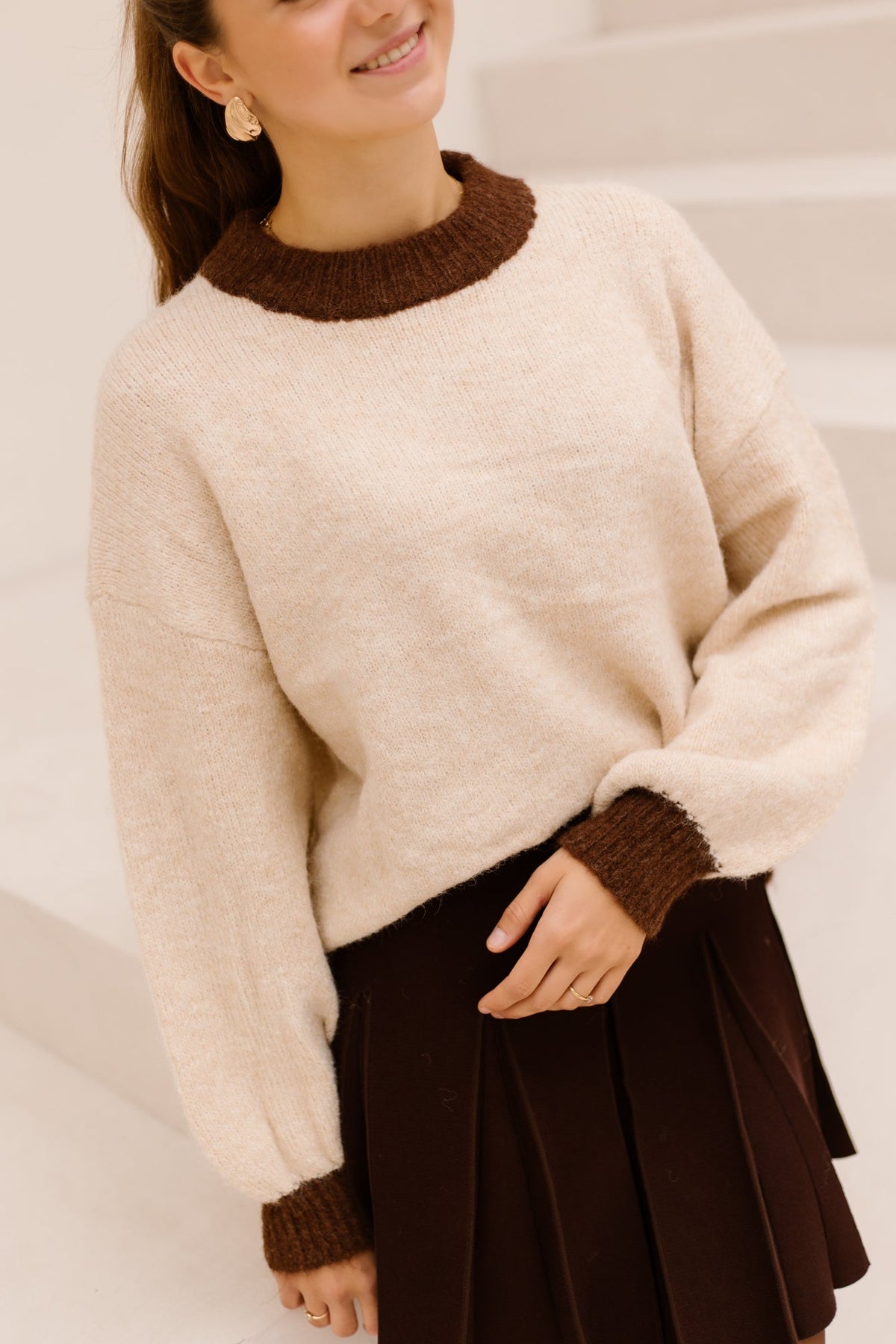 Sweater beige met bruine rand - Bij Keesje - Bij Keesje - Trui